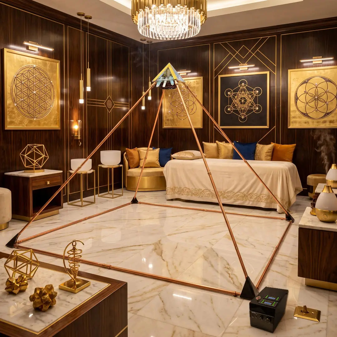Copper Pyramid with Quantum Vortex PEMF | NEXUS CORE 3-System | 624m Rodin Coil | Rife Frequencies 1Hz–150kHz | Strobe Light Therapy | Frequency Lab AI Included | Giza 51° Sacred Geometry | Selenite | Collapsible | Handmade — Metayantra